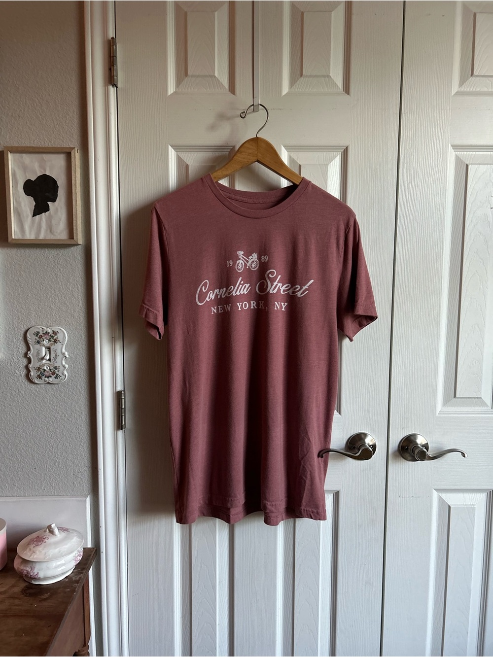dusty rose pink Cornelia Street NYC short sleeve graphic tee
